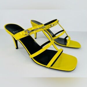 Gucci Lime Yellow Glossy Leather Horsebit Heel Mule Sandals Size EU 38.5